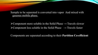 Sample to be separated is converted into vapor And mixed with
gaseous mobile phase.
Component more soluble in the Solid Phase → Travels slower
Component less soluble in the Solid Phase → Travels faster
Components are separated according to their Partition Co-efficient
 