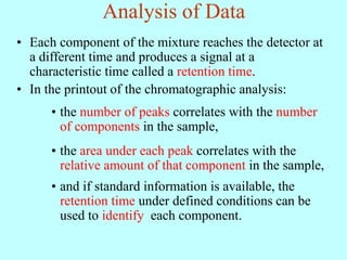 Analysis of Data
• Each component of the mixture reaches the detector at
a different time and produces a signal at a
characteristic time called a retention time.
• In the printout of the chromatographic analysis:
• the number of peaks correlates with the number
of components in the sample,
• the area under each peak correlates with the
relative amount of that component in the sample,
• and if standard information is available, the
retention time under defined conditions can be
used to identify each component.
 