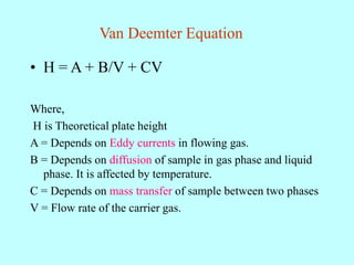 Van Deemter Equation
• H = A + B/V + CV
Where,
H is Theoretical plate height
A = Depends on Eddy currents in flowing gas.
B = Depends on diffusion of sample in gas phase and liquid
phase. It is affected by temperature.
C = Depends on mass transfer of sample between two phases
V = Flow rate of the carrier gas.
 