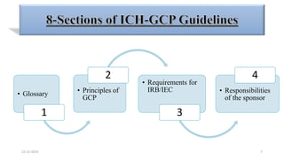 • Glossary
1
• Principles of
GCP
2
• Requirements for
IRB/IEC
3
• Responsibilities
of the sponsor
4
22-12-2023 7
 