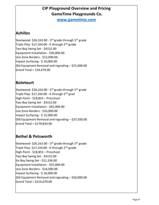 CIP Playground Overview and Pricing
GameTime Playgrounds Co.
www.gametime.com
Achilles
Steelwood- $26,163.00 - 3rd grade through 5th grade
Triple Play- $17,164.00 - K through 2nd grade
Two Bay Swing Set - $4152.00
Equipment Installation - $30,000.00
Use Zone Borders - $12,000.00
Impact Surfacing - $ 10,000.00
Old Equipment Removal and regrading – $25,000.00
Grand Total = 124,479.00
Botetourt
Steelwood- $26,163.00 - 3rd grade through 5th grade
Triple Play- $17,164.00 - K through 2nd grad
High Point - $18,855 – Preschool
Two Bay Swing Set - $4152.00
Equipment Installation - $45,000.00
Use Zone Borders - $16,000.00
Impact Surfacing - $ 15,000.00
Old Equipment Removal and regrading – $37,500.00
Grand Total = $179,834.00
Bethel & Petsworth
Steelwood- $26,163.00 - 3rd grade through 5th grade
Triple Play- $17,164.00 - K through 2nd grade
High Point - $18,855 – Preschool
Two Bay Swing Set - $4152.00
Six Bay Swing Set - $11,336.00
Equipment Installation - $55,000.00
Use Zone Borders - $16,000.00
Impact Surfacing - $ 18,000.00
Old Equipment Removal and regrading – $50,000.00
Grand Total = $216,670.00
Page 91
 