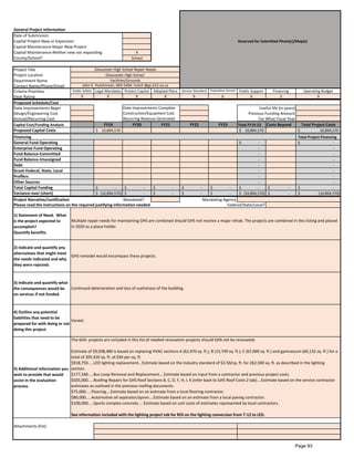 General Project Information
Date of Submission
Capital Project-New or Expansion Reserved for Submitted Photo(s)/Map(s)
Capital Maintenance Major-New Project
Capital Maintenance-Neither new nor expanding X
County/School? School
Project Title
Project Location
Department Name
Contact Name/Phone/Email
Criteria Priorities Public Safety Legal Mandates Protect Capital Adopted Plans Service Standard Population Served Public Support Financing Operating Budget
Dept Rating 9 9 9 9 9 6 6 3 9
Proposed Schedule/Cost
Date Improvements Begin Date Improvements Complete
Design/Engineering Cost Construction/Equipment Cost Previous Funding Amount
Annual/Recurring Cost Recurring Revenue Generated
Capital Cost/Funding Analysis FY19 FY20 FY21 FY22 FY23 Total FY19-23 Costs Beyond Total Project Costs
Proposed Capital Costs 10,894,570$ 10,894,570$ 10,894,570$
Financing Total Project Financing
General Fund Operating -$ -$
Enterprise Fund Operating - -
Fund Balance-Committed - -
Fund Balance-Unassigned - -
Debt - -
Grant-Federal, State, Local - -
Proffers - -
Other Sources - -
Total Capital Funding -$ -$ -$ -$ -$ -$ -$ -$
Variance-over (short) (10,894,570)$ -$ -$ -$ -$ (10,894,570)$ -$ (10,894,570)$
Project Narrative/Justification Mandated?
1) Statement of Need. What
is the project expected to
accomplish?
Quantify benefits.
2) Indicate and quantify any
alternatives that might meet
the needs indicated and why
they were rejected.
3) Indicate and quantify what
the consequences would be
on services if not funded.
4) Outline any potential
liabilities that need to be
prepared for with doing or not
doing this project.
5) Additional information you
wish to provide that would
assist in the evaluation
process.
Attachments (list):
Multiple repair needs for maintaining GHS are combined should GHS not receive a major rehab. The projects are combined in this listing and placed
in 2020 as a place holder.
GHS remodel would encompass these projects.
Continued deterioration and loss of usefulness of the building.
Varied.
The GHS projects are included in this list of needed renovation projects should GHS not be renovated.
Estimate of $9,038,480 is based on replacing HVAC sections A (62,470 sq. ft.), B (15,749 sq. ft.), C (67,069 sq. ft.) and gymnasium (60,132 sq. ft.) for a
total of 205,420 sq. ft. at $44 per sq. ft.
$918,750.....LED lighting replacement...Estimate based on the industry standard of $3.50/sq. ft. for 262,500 sq. ft. as described in the lighting
section.
$177,340.....Bus Loop Removal and Replacement....Estimate based on input from a contractor and previous project costs.
$505,000.....Roofing Repairs for GHS Roof Sections B, C, D, F, H, I, K (refer back to GHS Roof Costs 2 tab)....Estimate based on the service contractor
estimates as outlined in the previous roofing documents.
$75,000.....Flooring....Estimate based on an estimate from a local flooring contractor.
$80,000.....Automotive oil separator/apron....Estimate based on an estimate from a local paving contractor.
$100,000.....Sports complex concrete.... Estimate based on unit costs of estimates represented by local contractors.
See information included with the lighting project tab for ROI on the lighting conversion from T-12 to LED.
Mandating Agency
Please read the instructions on the required justifying information needed. Federal/State/Local?
For What Fiscal Year
Gloucester High School Repair Needs
Gloucester High School
Facilities/Grounds
John E. Hutchinson, 693-5304, hutch @gc.k12.va.us
Useful life (in years)
Page 93
 