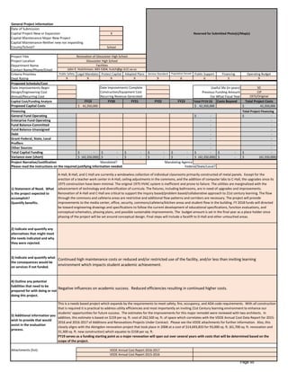 General Project Information
Date of Submission
Capital Project-New or Expansion X Reserved for Submitted Photo(s)/Map(s)
Capital Maintenance Major-New Project
Capital Maintenance-Neither new nor expanding
County/School? School
Project Title
Project Location
Department Name
Contact Name/Phone/Email
Criteria Priorities Public Safety Legal Mandates Protect Capital Adopted Plans Service Standard Population Served Public Support Financing Operating Budget
Dept Rating 9 9 9 9 9 6 6 3 9
Proposed Schedule/Cost
Date Improvements Begin Date Improvements Complete 50
Design/Engineering Cost Construction/Equipment Cost Previous Funding Amount CIP
Annual/Recurring Cost Recurring Revenue Generated 1975/Original
Capital Cost/Funding Analysis FY19 FY20 FY21 FY22 FY23 Total FY19-23 Costs Beyond Total Project Costs
Proposed Capital Costs 42,350,000$ 42,350,000$ 42,350,000$
Financing Total Project Financing
General Fund Operating -$ -$
Enterprise Fund Operating - -
Fund Balance-Committed - -
Fund Balance-Unassigned - -
Debt - -
Grant-Federal, State, Local - -
Proffers - -
Other Sources - -
Total Capital Funding -$ -$ -$ -$ -$ -$ -$ -$
Variance-over (short) (42,350,000)$ -$ -$ -$ -$ (42,350,000)$ -$ (42,350,000)$
Project Narrative/Justification Mandated?
1) Statement of Need. What
is the project expected to
accomplish?
Quantify benefits.
2) Indicate and quantify any
alternatives that might meet
the needs indicated and why
they were rejected.
3) Indicate and quantify what
the consequences would be
on services if not funded.
4) Outline any potential
liabilities that need to be
prepared for with doing or not
doing this project.
5) Additional information you
wish to provide that would
assist in the evaluation
process.
Attachments (list):
VDOE Annual Cost Report 2015-2016
A-Hall, B-Hall, and C-Hall are currently a windowless collection of individual classrooms primarily constructed of metal panels. Except for the
erection of a teacher work center in A-Hall, ceiling adjustments in the commons, and the addition of computer labs to C-Hall, the upgrades since its
1975 construction have been minimal. The original 1975 HVAC system is inefficient and prone to failure. The utilities are marginalized with the
advancement of technology and diversification of curricula. The fixtures, including bathrooms, are in need of upgrades and improvements.
Renovation of A-Hall and C-Hall are critical to support the inquiry based/problem based/collaborative approach to 21st century learning. The flow
through the commons and cafeteria areas are restrictive and additional flow patterns and corridors are necessary. The project will provide
improvements to the media center, office, security, commons/cafeteria/kitchen areas and student flow in the building. FY 2018 funds will directed
be toward engineering drawings and specifications to follow the current development of educational specifications, function evaluations, and
conceptual schematics, phasing plans, and possible sustainable improvements. The budget amount is set in the final year as a place holder since
phasing of the project will be set around conceptual design. Final steps will include a facelift to D-Hall and other untouched areas.
Continued high maintenance costs or reduced and/or restricted use of the facility, and/or less than inviting learning
environment which impacts student academic achievement.
Negative influences on academic success. Reduced efficiencies resulting in continued higher costs.
This is a needs based project which expands by the requirements to meet safety, fire, occupancy, and ADA code requirements. With all construction
that is required it is practical to address utility efficiencies and most importantly an inviting 21st Century learning environment to enhance our
students' opportunities for future success. The estimates for the improvements for this major remodel were reviewed with two architects. In
addition, this estimate is based on $159 per sq. ft. cost of 262,500 sq. ft. of space which correlates with the VDOE Annual Cost Data Report for 2015-
2016 and 2016-2017 of Additions and Renovations Projects Under Contract. Please see the VDOE attachments for further information. Also, this
closely aligns with the Abingdon renovation project that took place in 2008 at a cost of $14,693,833 for 93,000 sq. ft. (61,700 sq. ft. renovation and
31,300 sq. ft. new construction) which equates to $158 per sq. ft.
FY19 serves as a funding starting point as a major renovation will span out over several years with costs that will be determined based on the
scope of the project.
VDOE Annual Cost Report 2016-2017
Mandating Agency
Please read the instructions on the required justifying information needed. Federal/State/Local?
For What Fiscal Year
Renovation of Gloucester High School
Gloucester High School
Facilities
John E. Hutchinson, 693-5304, hutch@gc.k12.va.us
Useful life (in years)
Page 95
 