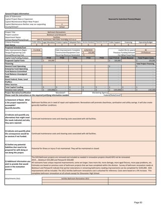 General Project Information
Date of Submission
Capital Project-New or Expansion Reserved for Submitted Photo(s)/Map(s)
Capital Maintenance Major-New Project
Capital Maintenance-Neither new nor expanding X
County/School? School
Project Title
Project Location
Department Name
Contact Name/Phone/Email
Criteria Priorities Public Safety Legal Mandates Protect Capital Adopted Plans Service Standard Population Served Public Support Financing Operating Budget
Dept Rating 6 9 3 9 6 6 6 0 9
Proposed Schedule/Cost
Date Improvements Begin 7/1/2018 Date Improvements Complete 6/30/2019 30
Design/Engineering Cost Construction/Equipment Cost $ 105,000 Previous Funding Amount CIP/Rollover
Annual/Recurring Cost Recurring Revenue Generated $ -
Capital Cost/Funding Analysis FY19 FY20 FY21 FY22 FY23 Total FY19-23 Costs Beyond Total Project Costs
Proposed Capital Costs 105,000$ 105,000$ 105,000$
Financing Total Project Financing
General Fund Operating -$ -$
Enterprise Fund Operating - -
Fund Balance-Committed - -
Fund Balance-Unassigned - -
Debt - -
Grant-Federal, State, Local - -
Proffers - -
Other Sources - -
Total Capital Funding -$ -$ -$ -$ -$ -$ -$ -$
Variance-over (short) (105,000)$ -$ -$ -$ -$ (105,000)$ -$ (105,000)$
Project Narrative/Justification Mandated?
1) Statement of Need. What
is the project expected to
accomplish?
Quantify benefits.
2) Indicate and quantify any
alternatives that might meet
the needs indicated and why
they were rejected.
3) Indicate and quantify what
the consequences would be
on services if not funded.
4) Outline any potential
liabilities that need to be
prepared for with doing or
not doing this project.
5) Additional information you
wish to provide that would
assist in the evaluation
process.
Attachments (list):
Bathroom facilities are in need of repair and replacement. Renovations will promote cleanliness, sanitization and utility savings. It will also create
generally healthier conditions.
Continued maintenance costs and cleaning costs associated with old facilities.
Continued maintenance costs and cleaning costs associated with old facilities.
Potential for illness or injury if not maintained. They will be maintained or closed.
The GHS Bathroom projects are removed and included as needed in renovation projects should GHS not be renovated.
2019.....Botetourt $55,000 and Petsworth $50,000
All restrooms have unique required improvements; some are larger, have more tile, more damage, more aged fixtures, more pipe problems, etc.
Estimates are based on previous costs of bathroom projects that we have completed within the division. Survey of bathroom renovation needs at
Botetourt and Petsworth indicate that partial restorations in remaining bathrooms needing improvements can be completed for $105,000. ADA
improvements will be included. The 2012 Achilles bathroom renovations cost is attached for reference. Costs were based on a 5% increase. This
completes bathroom renovations at all schools except for Gloucester High School.
Achilles Bathroom Renovation 2012
Mandating Agency
Please read the instructions on the required justifying information needed. Federal/State/Local?
For What Fiscal Year
Bathroom Renovations
Botetourt and Petsworth
Facilities
John E. Hutchinson, 693-5304, hutch@gc.k12.va.us
Useful life (in years)
Page 83
 