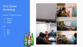 Big Data - Lambda Architecture
● BigQuery
● Fluentd
● Norikla
Beer
● Beer
● Beer
● Beer
● …
First Dinner
Workshop
 