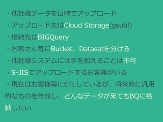・他社様データを日時でアップロード
・アップロード先はCloud Storage(gsutil)
・格納先はBIGQuery
・お客さん毎にBucket、Datasetを分ける
・他社様システムには手を加えることは不可
・S-JISでアップロー...