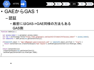 • GAEからGAS 1
– 認証
• 厳密にはGAS->GAE同様の方法もある
GAS側
•
ゴール 私と GAS 連携 別 その他HTTPS
 