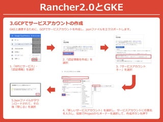 Rancher2.0とGKE
3.GCPでサービスアカウントの作成
1.「APIとサービス」-
「認証情報」を選択
2.「認証情報を作成」を
選択
3.「サービスアカウント
キー」を選択
4.「新しいサービスアカウント」を選択し、サービスアカウントに任意名
を入力し、役割でProjectからオーナーを選択して、作成ボタンを押下
5.Jsonファイルがダウ
ンロードされて、その
後「閉じる」を選択
GKEと連携するために、GCPでサービスアカウントを作成し、jsonファイルをエクスポートします。
 