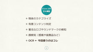 Vision API
ʙC
6
Υƥ饤
кƥж
ʥɥީ`Η֪
֪װƷʤɣ
OCR  ʹΤϥ
 