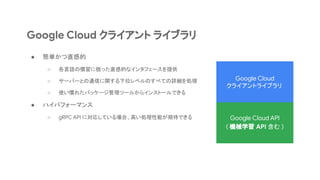 Google Cloud API
● Google Cloud API を利用するモチベーション
○ クライアント ライブラリが未対応の最新機能を使いたい !
○ クライアント ライブラリの設計に満足できない !
● Google Cloud ...