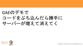 11Copyright © 2018 Cavity.LLC All Rights Reserved.
GAEのデモで
コードをぶち込んだら勝手に
サーバーが増えて消えてく
 