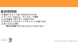 27Copyright © 2018 Cavity.LLC All Rights Reserved.
数時間悶絶
❏ 適当にクエリっぽいものを入れてみる
❏ ネットで「BigQuery サンプル」で検索
❏ SQLの基本っぽいサイトを見てみる
❏ GCPのクイックスタートドキュメントを見つける
❏ 知ってる人に聞く
（概念が理解できてないからよく分からない）
 