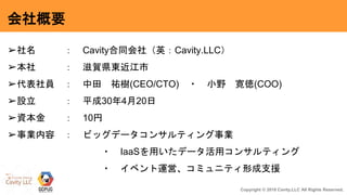 Copyright © 2018 Cavity.LLC All Rights Reserved.
会社概要
➢社名 ： Cavity合同会社（英：Cavity.LLC）
➢本社 ： 滋賀県東近江市
➢代表社員 ： 中田 祐樹(CEO/CTO) ・ 小野 寛徳(COO)
➢設立 ： 平成30年4月20日
➢資本金 ： 10円
➢事業内容 ： ビッグデータコンサルティング事業
・ IaaSを用いたデータ活用コンサルティング
・ イベント運営、コミュニティ形成支援
 