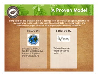 Successful USAID-
funded Collaborative
Research Support
Programs (CRSP)
Tailored to meet
needs of coffee
industry
Based on: Tailored by:
Bring the best and brightest minds in science from all relevant disciplines together in
a collaborative mode to alleviate specific constraints to increasing quality and
production in origin countries with origin country research institutes.
A Proven ModelA Proven Model
 