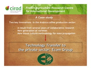 French Agriculture Research Centre
for International Development
Technology Transfer to
the private sector: Ecom Group
Technology Transfer to
the private sector: Ecom Group
Two key innovations in the Arabica coffee production sector:
• A result from several years of collaborative research
• New generation of varieties
• New tissue culture methodology for mass propagation
A Case study
 
