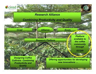 French Agriculture Research Centre
for International Development
Research Alliance
Combining Productivity and Quality
Cirad Ecom
Research Platform
Designing Coffee
Cultivars Combining
Productivity and
Quality
Offering opportunities for developing
new innovations …
Alliance
Platform
available to
the coffee
community
through
GCQRI
 