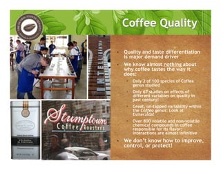 • Quality and taste differentiation
is major demand driver
• We know almost nothing about
why coffee tastes the way it
does:
• Only 2 of 100 species of Coffea
genus studied
• Only 67 studies on effects of
different variables on quality in
past century!
• Great, un-tapped variability within
the Coffea genus: Look at
Esmeralda!
• Over 800 volatile and non-volatile
chemical compounds in coffee
responsible for its flavor:
interactions are almost infinitive
• We don’t know how to improve,
control, or protect!
Coffee QualityCoffee Quality
 
