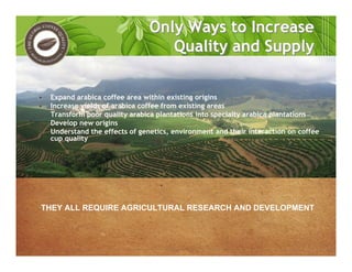 • Expand arabica coffee area within existing origins
• Increase yields of arabica coffee from existing areas
• Transform poor quality arabica plantations into specialty arabica plantations
• Develop new origins
• Understand the effects of genetics, environment and their interaction on coffee
cup quality
Only Ways to Increase
Quality and Supply
Only Ways to Increase
Quality and Supply
THEY ALL REQUIRE AGRICULTURAL RESEARCH AND DEVELOPMENT
 