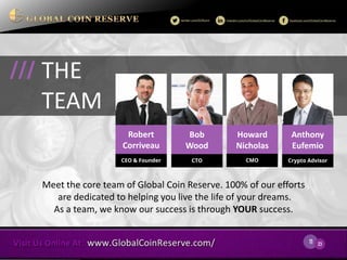 11 
23 
Robert Corriveau 
CEO & Founder 
THE 
TEAM 
/// 
Bob 
Wood 
CTO 
Howard 
Nicholas 
Anthony 
Eufemio 
Crypto Advisor 
CMO 
Meet the core team of Global Coin Reserve. 100% of our efforts are dedicated to helping you live the life of your dreams. 
As a team, we know our success is through YOUR success.  