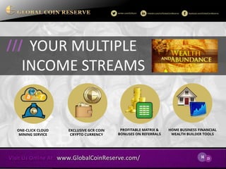 14 
23 
ONE-CLICK CLOUD MINING SERVICE 
YOUR MULTIPLE INCOME STREAMS 
/// 
EXCLUSIVE GCR COIN CRYPTO CURRENCY 
PROFITABLE MATRIX & BONUSES ON REFERRALS 
HOME BUSINESS FINANCIAL WEALTH BUILDER TOOLS  