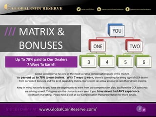 17 
23 
Global Coin Reserve has one of the most lucrative compensation plans in the market. 
We pay out up to 78% to our dealers. With 7 ways to earn, there is something for every type of GCR dealer - from our coded bonuses and the 2x15 expanding matrix. Our system can allow anyone to earn their dream income. 
Keep in mind, not only do you have the opportunity to earn from our compensation plan, but from the GCR coins you are mining as well. This gives you the chance to earn even if you have never had ANY experience 
in network marketing. Please take a look at our Compensation Plan presentation for more details. 
MATRIX & 
BONUSES 
/// 
Up To 78% paid to Our Dealers 
7 Ways To Earn!!  