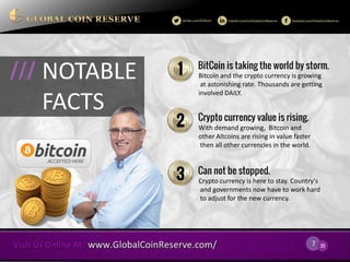 7 
23 
NOTABLE FACTS 
/// 
Bitcoin and the crypto currency is growing at astonishing rate. Thousands are getting involved DAILY. 
1 
With demand growing, Bitcoin and other Altcoins are rising in value faster then all other currencies in the world. 
2 
Crypto currency is here to stay. Country's and governments now have to work hard to adjust for the new currency. 
3 
BitCoin is taking the world by storm. 
Crypto currency value is rising. 
Can not be stopped.  
