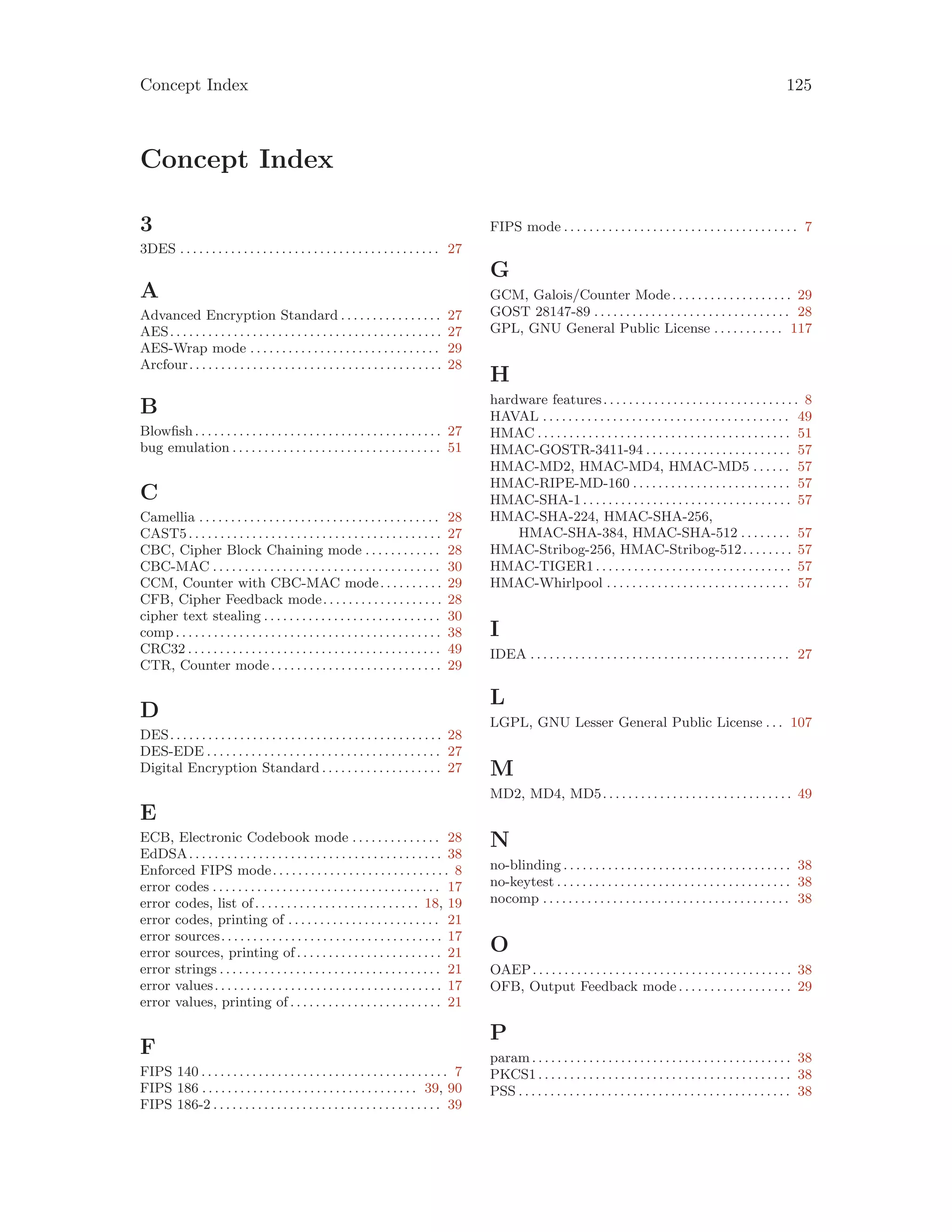 Concept Index 125
Concept Index
3
3DES . . . . . . . . . . . . . . . . . . . . . . . . . . . . . . . . . . . . . . . . . 27
A
Advanced Encryption Standard . . . . . . . . . . . . . . . . 27
AES. . . . . . . . . . . . . . . . . . . . . . . . . . . . . . . . . . . . . . . . . . . 27
AES-Wrap mode . . . . . . . . . . . . . . . . . . . . . . . . . . . . . . 29
Arcfour. . . . . . . . . . . . . . . . . . . . . . . . . . . . . . . . . . . . . . . . 28
B
Blowfish. . . . . . . . . . . . . . . . . . . . . . . . . . . . . . . . . . . . . . . 27
bug emulation . . . . . . . . . . . . . . . . . . . . . . . . . . . . . . . . . 51
C
Camellia . . . . . . . . . . . . . . . . . . . . . . . . . . . . . . . . . . . . . . 28
CAST5. . . . . . . . . . . . . . . . . . . . . . . . . . . . . . . . . . . . . . . . 27
CBC, Cipher Block Chaining mode . . . . . . . . . . . . 28
CBC-MAC . . . . . . . . . . . . . . . . . . . . . . . . . . . . . . . . . . . . 30
CCM, Counter with CBC-MAC mode. . . . . . . . . . 29
CFB, Cipher Feedback mode. . . . . . . . . . . . . . . . . . . 28
cipher text stealing . . . . . . . . . . . . . . . . . . . . . . . . . . . . 30
comp . . . . . . . . . . . . . . . . . . . . . . . . . . . . . . . . . . . . . . . . . . 38
CRC32 . . . . . . . . . . . . . . . . . . . . . . . . . . . . . . . . . . . . . . . . 49
CTR, Counter mode. . . . . . . . . . . . . . . . . . . . . . . . . . . 29
D
DES. . . . . . . . . . . . . . . . . . . . . . . . . . . . . . . . . . . . . . . . . . . 28
DES-EDE . . . . . . . . . . . . . . . . . . . . . . . . . . . . . . . . . . . . . 27
Digital Encryption Standard . . . . . . . . . . . . . . . . . . . 27
E
ECB, Electronic Codebook mode . . . . . . . . . . . . . . 28
EdDSA. . . . . . . . . . . . . . . . . . . . . . . . . . . . . . . . . . . . . . . . 38
Enforced FIPS mode. . . . . . . . . . . . . . . . . . . . . . . . . . . . 8
error codes . . . . . . . . . . . . . . . . . . . . . . . . . . . . . . . . . . . . 17
error codes, list of. . . . . . . . . . . . . . . . . . . . . . . . . . 18, 19
error codes, printing of . . . . . . . . . . . . . . . . . . . . . . . . 21
error sources. . . . . . . . . . . . . . . . . . . . . . . . . . . . . . . . . . . 17
error sources, printing of. . . . . . . . . . . . . . . . . . . . . . . 21
error strings . . . . . . . . . . . . . . . . . . . . . . . . . . . . . . . . . . . 21
error values. . . . . . . . . . . . . . . . . . . . . . . . . . . . . . . . . . . . 17
error values, printing of . . . . . . . . . . . . . . . . . . . . . . . . 21
F
FIPS 140 . . . . . . . . . . . . . . . . . . . . . . . . . . . . . . . . . . . . . . . 7
FIPS 186 . . . . . . . . . . . . . . . . . . . . . . . . . . . . . . . . . . 39, 90
FIPS 186-2 . . . . . . . . . . . . . . . . . . . . . . . . . . . . . . . . . . . . 39
FIPS mode . . . . . . . . . . . . . . . . . . . . . . . . . . . . . . . . . . . . . 7
G
GCM, Galois/Counter Mode. . . . . . . . . . . . . . . . . . . 29
GOST 28147-89 . . . . . . . . . . . . . . . . . . . . . . . . . . . . . . . 28
GPL, GNU General Public License . . . . . . . . . . . 117
H
hardware features. . . . . . . . . . . . . . . . . . . . . . . . . . . . . . . 8
HAVAL . . . . . . . . . . . . . . . . . . . . . . . . . . . . . . . . . . . . . . . 49
HMAC . . . . . . . . . . . . . . . . . . . . . . . . . . . . . . . . . . . . . . . . 51
HMAC-GOSTR-3411-94 . . . . . . . . . . . . . . . . . . . . . . . 57
HMAC-MD2, HMAC-MD4, HMAC-MD5 . . . . . . 57
HMAC-RIPE-MD-160 . . . . . . . . . . . . . . . . . . . . . . . . . 57
HMAC-SHA-1 . . . . . . . . . . . . . . . . . . . . . . . . . . . . . . . . . 57
HMAC-SHA-224, HMAC-SHA-256,
HMAC-SHA-384, HMAC-SHA-512 . . . . . . . . 57
HMAC-Stribog-256, HMAC-Stribog-512. . . . . . . . 57
HMAC-TIGER1 . . . . . . . . . . . . . . . . . . . . . . . . . . . . . . . 57
HMAC-Whirlpool . . . . . . . . . . . . . . . . . . . . . . . . . . . . . 57
I
IDEA . . . . . . . . . . . . . . . . . . . . . . . . . . . . . . . . . . . . . . . . . 27
L
LGPL, GNU Lesser General Public License . . . 107
M
MD2, MD4, MD5. . . . . . . . . . . . . . . . . . . . . . . . . . . . . . 49
N
no-blinding . . . . . . . . . . . . . . . . . . . . . . . . . . . . . . . . . . . . 38
no-keytest . . . . . . . . . . . . . . . . . . . . . . . . . . . . . . . . . . . . . 38
nocomp . . . . . . . . . . . . . . . . . . . . . . . . . . . . . . . . . . . . . . . 38
O
OAEP. . . . . . . . . . . . . . . . . . . . . . . . . . . . . . . . . . . . . . . . . 38
OFB, Output Feedback mode. . . . . . . . . . . . . . . . . . 29
P
param . . . . . . . . . . . . . . . . . . . . . . . . . . . . . . . . . . . . . . . . . 38
PKCS1 . . . . . . . . . . . . . . . . . . . . . . . . . . . . . . . . . . . . . . . . 38
PSS . . . . . . . . . . . . . . . . . . . . . . . . . . . . . . . . . . . . . . . . . . . 38
 