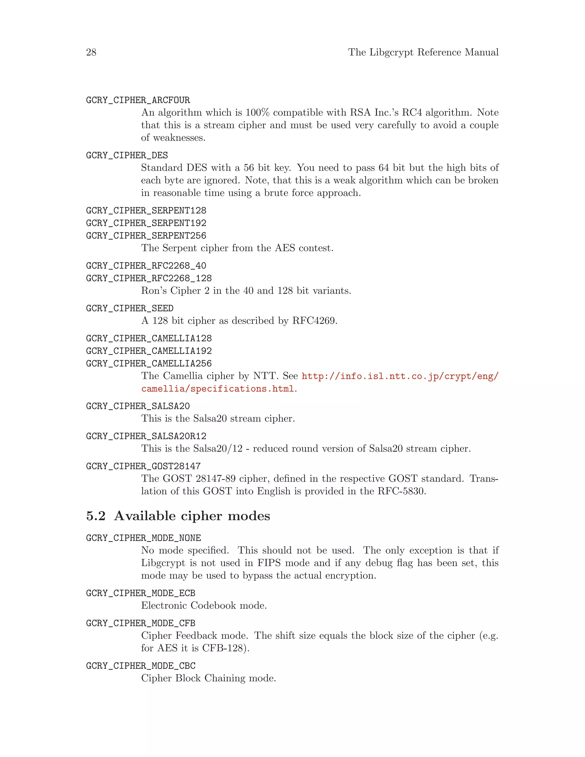 28 The Libgcrypt Reference Manual
GCRY_CIPHER_ARCFOUR
An algorithm which is 100% compatible with RSA Inc.’s RC4 algorithm. Note
that this is a stream cipher and must be used very carefully to avoid a couple
of weaknesses.
GCRY_CIPHER_DES
Standard DES with a 56 bit key. You need to pass 64 bit but the high bits of
each byte are ignored. Note, that this is a weak algorithm which can be broken
in reasonable time using a brute force approach.
GCRY_CIPHER_SERPENT128
GCRY_CIPHER_SERPENT192
GCRY_CIPHER_SERPENT256
The Serpent cipher from the AES contest.
GCRY_CIPHER_RFC2268_40
GCRY_CIPHER_RFC2268_128
Ron’s Cipher 2 in the 40 and 128 bit variants.
GCRY_CIPHER_SEED
A 128 bit cipher as described by RFC4269.
GCRY_CIPHER_CAMELLIA128
GCRY_CIPHER_CAMELLIA192
GCRY_CIPHER_CAMELLIA256
The Camellia cipher by NTT. See http://info.isl.ntt.co.jp/crypt/eng/
camellia/specifications.html.
GCRY_CIPHER_SALSA20
This is the Salsa20 stream cipher.
GCRY_CIPHER_SALSA20R12
This is the Salsa20/12 - reduced round version of Salsa20 stream cipher.
GCRY_CIPHER_GOST28147
The GOST 28147-89 cipher, defined in the respective GOST standard. Trans-
lation of this GOST into English is provided in the RFC-5830.
5.2 Available cipher modes
GCRY_CIPHER_MODE_NONE
No mode specified. This should not be used. The only exception is that if
Libgcrypt is not used in FIPS mode and if any debug flag has been set, this
mode may be used to bypass the actual encryption.
GCRY_CIPHER_MODE_ECB
Electronic Codebook mode.
GCRY_CIPHER_MODE_CFB
Cipher Feedback mode. The shift size equals the block size of the cipher (e.g.
for AES it is CFB-128).
GCRY_CIPHER_MODE_CBC
Cipher Block Chaining mode.
 