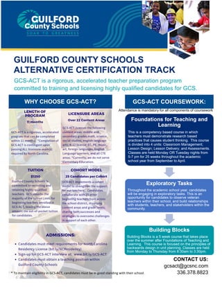 GUILFORD COUNTY SCHOOLS
ALTERNATIVE CERTIFICATION TRACK
GCS-ACT is a rigorous, accelerated teacher preparation program
committed to training and licensing highly qualified candidates for GCS.
CONTACT US:
gcsact@gcsnc.com
336.378.8823
WHY CHOOSE GCS-ACT?
* To maintain eligibility in GCS-ACT, candidates must be in good standing with their school.
GCS-ACT COURSEWORK:
Attendance is mandatory for all components of coursework
 