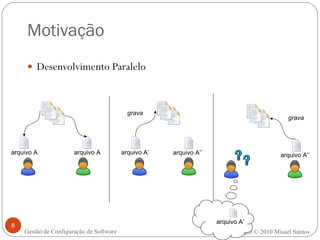 Motivação Desenvolvimento Paralelo Copyright  ©  2010 Misael Santos Gestão de Configuração de Software grava grava arquivo A arquivo A arquivo A’’ arquivo A’ arquivo A’’ arquivo A’ 