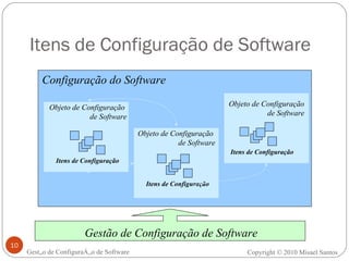 Itens de Configuração de Software Gestão de Configuração de Software Copyright © 2010 Misael Santos Gestão de Configuração de Software Configuração do Software Objeto de Configuração  de Software Objeto de Configuração  de Software Objeto de Configuração de Software Itens de Configuração Itens de Configuração Itens de Configuração 