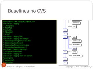 Baselines no CVS bash-2.05a$  cvs tag pre_alpha_0-1   cvs server: Tagging .  T Changelog  T INSTALL  T Makefile  T README  T TODO  cvs server: Tagging doc  cvs server: Tagging doc/design  T doc/design/AcceptanceTest.doc  T doc/design/Analysis.rtf  T doc/design/Requirements.doc  T doc/design/Specification.rtf  cvs server: Tagging doc/plan  T doc/plan/Schedule.rtf  cvs server: Tagging lib  cvs server: Tagging man cvs server:  Tagging src  T src/config.h  T src/main.c  Gestão de Configuração de Software Copyright © 2010 Misael Santos 