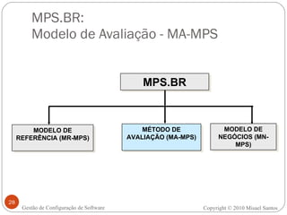 MPS.BR:  Modelo de Avaliação - MA-MPS Gestão de Configuração de Software MPS.BR MODELO DE REFERÊNCIA (MR-MPS) MÉTODO DE AVALIAÇÃO (MA-MPS) MODELO DE NEGÓCIOS (MN-MPS) Copyright © 2010 Misael Santos 