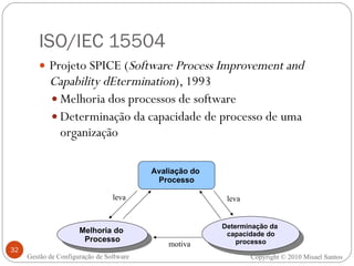 ISO/IEC 15504 Projeto SPICE ( Software Process Improvement and Capability dEtermination ), 1993 Melhoria dos processos de software Determinação da capacidade de processo de uma organização Copyright © 2010 Misael Santos Gestão de Configuração de Software Melhoria do  Processo Determinação da  capacidade do processo Avaliação do  Processo leva leva motiva 