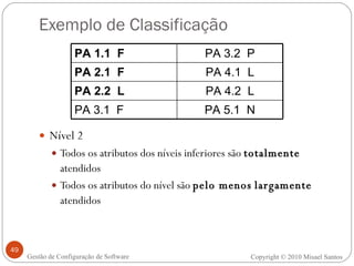 Exemplo de Classificação Nível 2 Todos os atributos dos níveis inferiores são  totalmente  atendidos Todos os atributos do nível são  pelo menos   largamente  atendidos Copyright © 2010 Misael Santos Gestão de Configuração de Software PA 5.1  N PA 3.1  F PA 4.2  L PA 2.2  L PA 4.1  L PA 2.1  F PA 3.2  P PA 1.1  F 