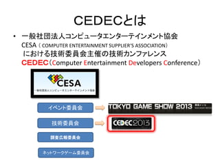 ＣＥＤＥＣとは
• 一般社団法人コンピュータエンターテインメント協会
CESA （ COMPUTER ENTERTAINMENT SUPPLIER‘S ASSOCIATION）
における技術委員会主催の技術カンファレンス
ＣＥＤＥＣ（Computer Entertainment Developers Conference）
イベント委員会
技術委員会
調査広報委員会
ネットワークゲーム委員会
 