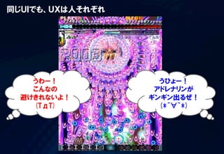 同じＵＩでも、ＵＸは人それぞれ
うわー！
こんなの
避けきれないよ！
(TдT)
うひょー！
アドレナリンが
ギンギン出るぜ！
(*´∀｀*)
 