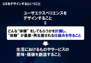 17/74
どんな“体験”  をしてもらうかを計画し、
“体験”  が量産・再生産される仕組みを作ること
ＵＸをデザインするということ
ユーザエクスペリエンスを
デザインすること
生活におけるものやサービスの
意味・価値を創造すること
＝
 