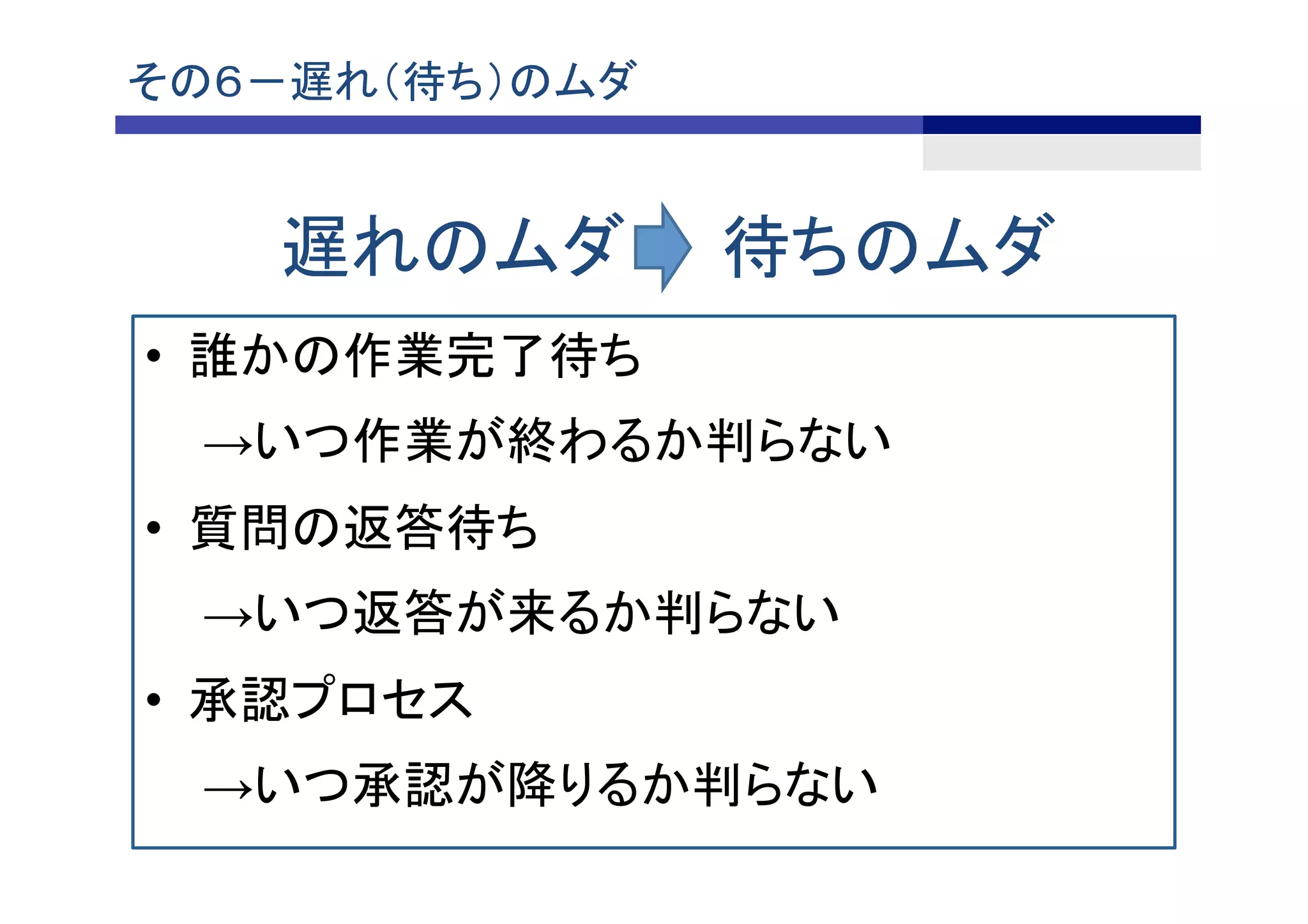 遅れのムダ　　待ちのムダ	
その６－遅れ（待ち）のムダ	
•  誰かの作業完了待ち
→いつ作業が終わるか判らない
•  質問の返答待ち
→いつ返答が来るか判らない
•  承認プロセス
→いつ承認が降りるか判らない
 