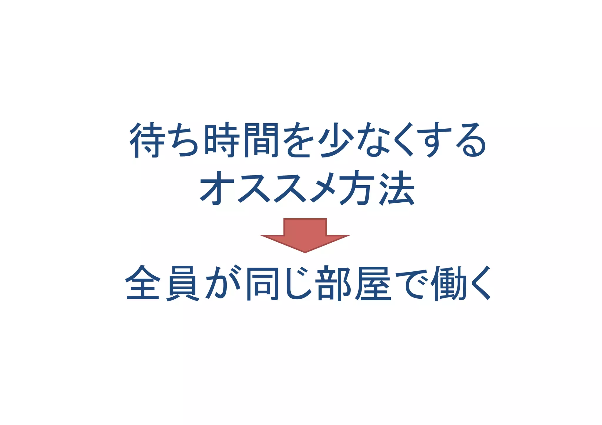 待ち時間を少なくする	
  
オススメ方法	
  
全員が同じ部屋で働く	
 
