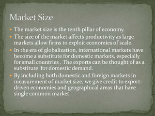  The market size is the tenth pillar of economy.
 The size of the market affects productivity as large
markets allow firms to exploit economies of scale.
 In the era of globalization, international markets have
become a substitute for domestic markets, especially
for small countries . The exports can be thought of as a
substitute for domestic demand.
 By including both domestic and foreign markets in
measurement of market size, we give credit to export-
driven economies and geographical areas that have
single common market.
 