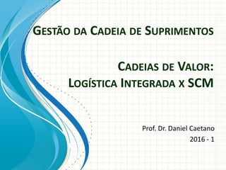 GESTÃO DA CADEIA DE SUPRIMENTOS
Prof. Dr. Daniel Caetano
2016 - 1
CADEIAS DE VALOR:
LOGÍSTICA INTEGRADA X SCM
 