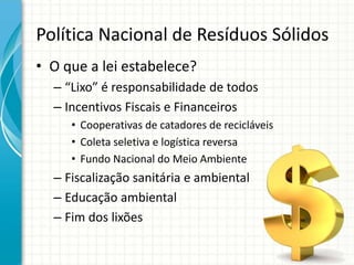 Política Nacional de Resíduos Sólidos
• O que a lei estabelece?
– “Lixo” é responsabilidade de todos
– Incentivos Fiscais e Financeiros
• Cooperativas de catadores de recicláveis
• Coleta seletiva e logística reversa
• Fundo Nacional do Meio Ambiente
– Fiscalização sanitária e ambiental
– Educação ambiental
– Fim dos lixões
 