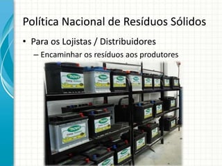 Política Nacional de Resíduos Sólidos
• Para os Lojistas / Distribuidores
– Encaminhar os resíduos aos produtores
 