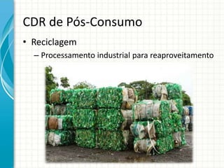 CDR de Pós-Consumo
• Reciclagem
– Processamento industrial para reaproveitamento
 