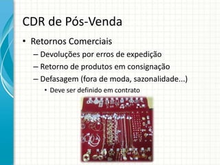 CDR de Pós-Venda
• Retornos Comerciais
– Devoluções por erros de expedição
– Retorno de produtos em consignação
– Defasagem (fora de moda, sazonalidade...)
• Deve ser definido em contrato
 