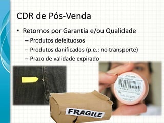 CDR de Pós-Venda
• Retornos por Garantia e/ou Qualidade
– Produtos defeituosos
– Produtos danificados (p.e.: no transporte)
– Prazo de validade expirado
 