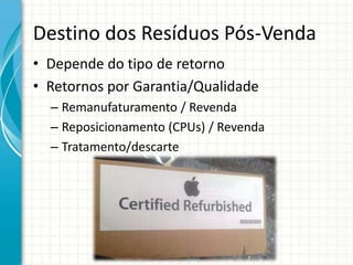 Destino dos Resíduos Pós-Venda
• Depende do tipo de retorno
• Retornos por Garantia/Qualidade
– Remanufaturamento / Revenda
– Reposicionamento (CPUs) / Revenda
– Tratamento/descarte
 