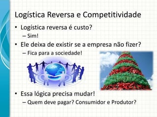 Logística Reversa e Competitividade
• Logística reversa é custo?
– Sim!
• Ele deixa de existir se a empresa não fizer?
– Fica para a sociedade!
• Essa lógica precisa mudar!
– Quem deve pagar? Consumidor e Produtor?
 