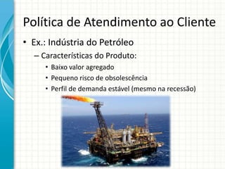 Política de Atendimento ao Cliente
• Ex.: Indústria do Petróleo
– Características do Produto:
• Baixo valor agregado
• Pequeno risco de obsolescência
• Perfil de demanda estável (mesmo na recessão)
 